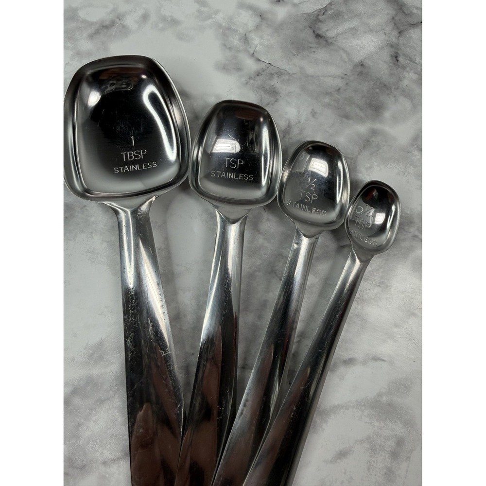 Vintage Set Of 4 Stainless Steel Measuring Spoons Long Handles Nesting on ring
